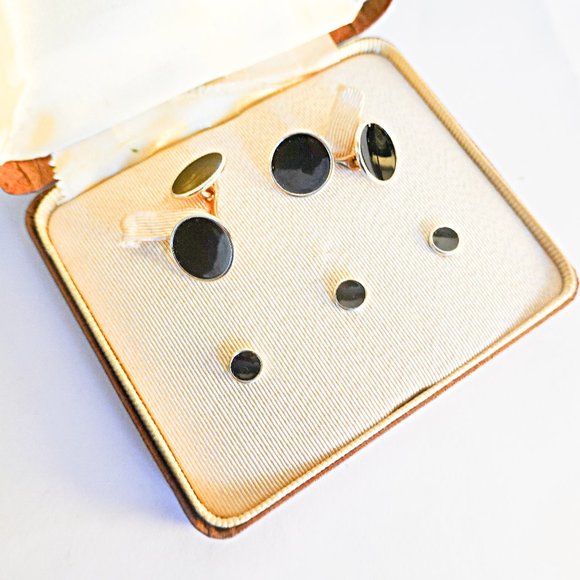 Art Deco Platinum Clad Tuxedo Cufflinks and Shirt Studs